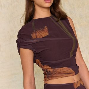 Dark Chocolate Floral Printed Chiffon Asymmetric Top