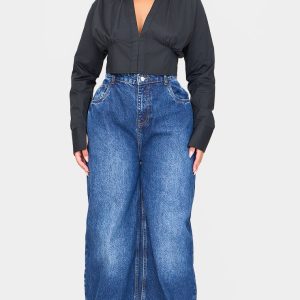 Plus Black Cropped Corset Detail Fitted Shirt