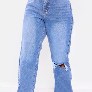 Plus Light Blue Wash Open Knee Long Leg Straight Leg Jeans