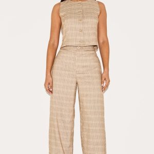Petite Brown Checked Wide Leg Trousers