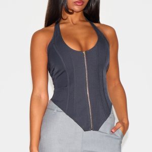 Navy Boned Dip Hem Corset