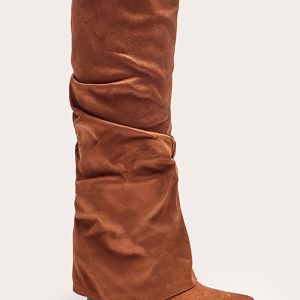Tan Faux Suede Point Toe Fold Over Block Heel Knee High Boots