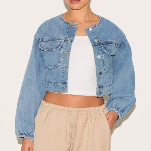Mid Blue Wash Round Neck Crop Denim Jacket