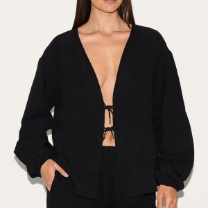 Black Textured Ruched Side Long Sleeve Plunge Top