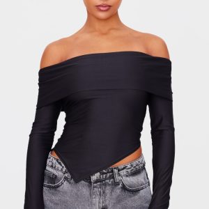 Black Slinky Bardot Asymmetric Long Top