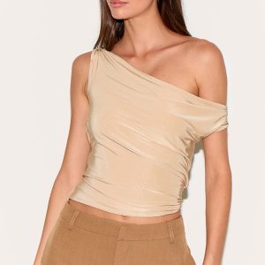 Sand Double Layer Slinky Twist Arm Cowl Long Top