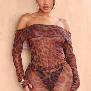 Shape Leopard Mesh Bardot Foldover Top