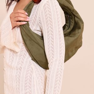 Olive Faux Suede Bead Handle Shoulder Bag