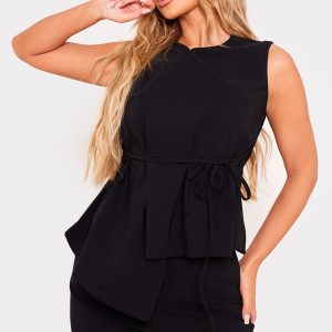 Black Stretch Woven Tie Front Longline Top