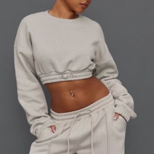 Petite Moss Grey Crop Elasticated Sweat Top