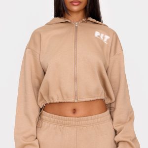 PRETTYLITTLETHING Taupe Elasticated Hem Zip Up Hoodie