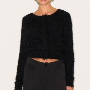Black Textured Fluffy Knit Button Up Cardigan