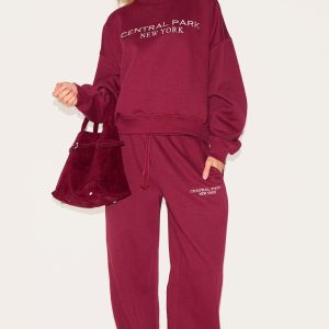Burgundy Central Park Embroidered Wide Leg Joggers