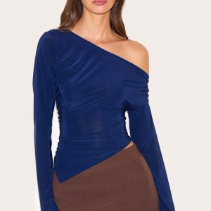 Navy Slinky Asymmetric Ruched Long Sleeve Top