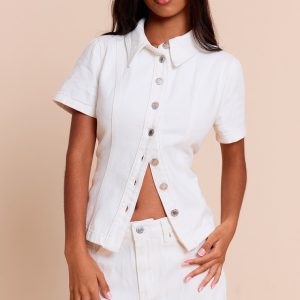 Petite White Denim Button Up Short Sleeve Shirt