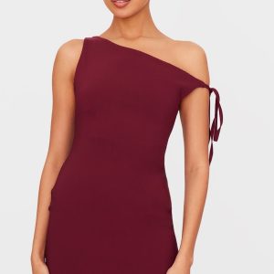Burgundy Stretch Woven Asymmetric Tie Shoulder Mini Dress
