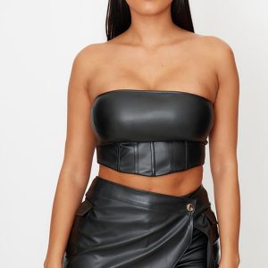 Shape Black Faux Leather Bandeau Corset Top