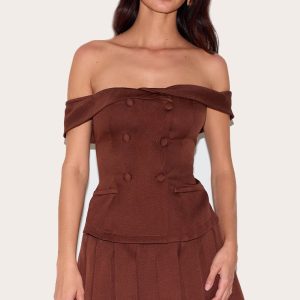 Chocolate Tailored Button Detail Bardot Pleated Skort Playsuit