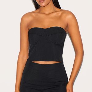 Tall Black Tailored Fold Over Detail Corset Top