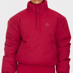 Dark Red High Neck Cropped Puffer Jacket