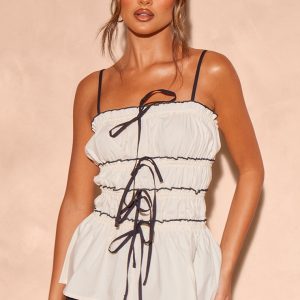 Off White Contrast Stitch Tiered Bow Top