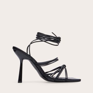 Black Wide Fit Strappy Knot Square Lace Up High Heeled Sandals