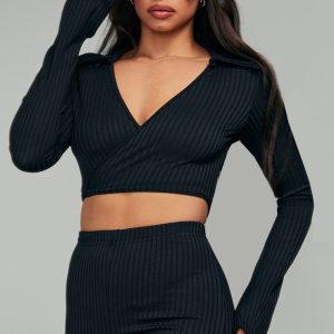 Black Rib Wrap Round Plunged Top