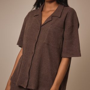 Deep Chocolate Brushed Rib Button Up Boxy Shirt