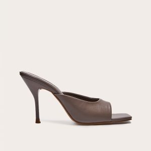 Grey PU Square Toe High Stiletto Heeled Mules