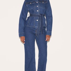 Dark Blue Mid Waist Contrast Stitch Flared Jeans