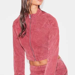 Washed Red Racer Neck Cropped Denim Jacket