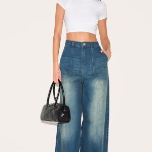 Vintage Wash Mid Rise Wide Leg Style Jeans