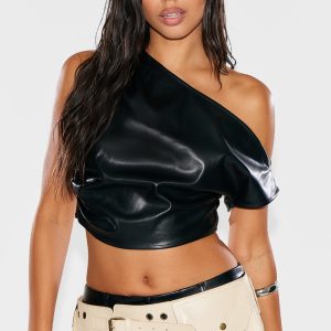 Black Faux Leather Ruched One Shoulder Asymmetric Crop Top