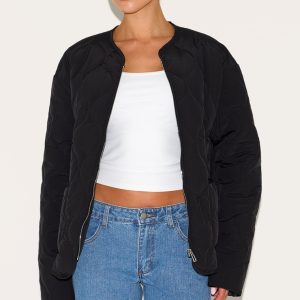 Black Zip Up Quilted Jacket