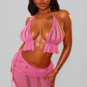 Shape Bright Pink Knit Ladder Detailed Halterneck Bralet
