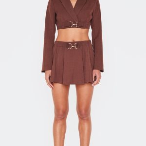 Chocolate Tailored Woven Buckle Detail Pleated Micro Mini Skirt