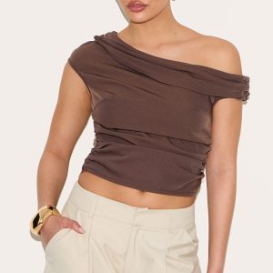 Brown Asymmetric Ruched Top