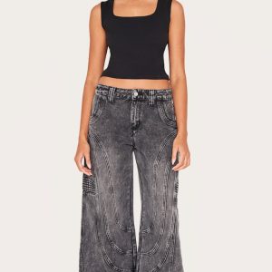 Grey Panel Seam Detail Wide Leg Jeans
