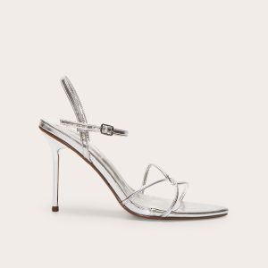 Silver Pu Point Toe Thin Strappy High Stiletto Heeled Sandals