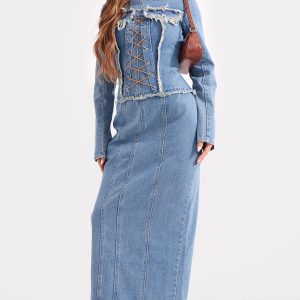 Light Blue Wash Freyed Pannel Detail Lace Up Maxi Denim Dress