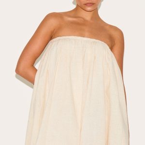 Petite Stone Linen Look Bandeau Puffball Mini Dress