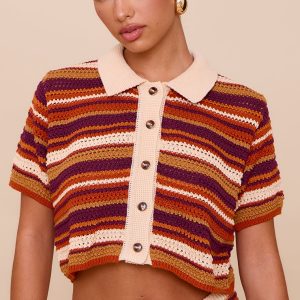 Multi Crochet Stripe Knit Polo Top