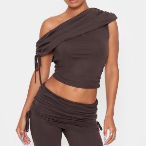 Dark Brown Ruched Side Off The Shoulder Top