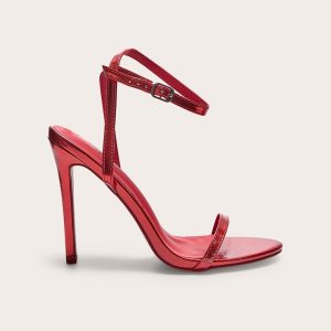Red Wide Fit Metallic PU Round Toe Barely There High Heeled Sandals