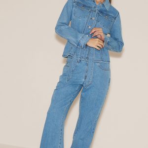 Light Blue Mid Waist Contrast Stitch Flared Jeans