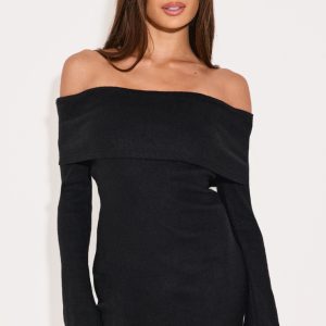 Black Fold Over Bardot Mini Dress