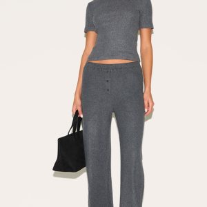 Charcoal Brushed Rib Button Up Detail Straight Leg Trousers