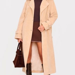 Stone Faux Suede Buckle Belt Trench Coat