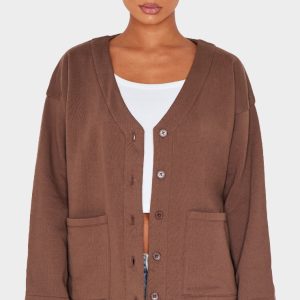 Taupe Premium Fleeceback Button Front Sweat Cardigan