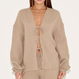Tall Mushroom Textured Cheesecloth Tie Front Shirt
